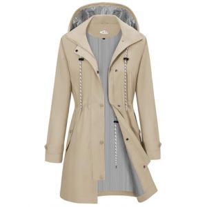 CMTOP Veste Imperméable Femme Longue Coupe Vent Parka Mi Saison Vêtements d'Extérieur Printemps Automne Manteau Cordon de Serrage Trench Légère et Pliable Veste de Pluie avec Capuche (Khaki, XXL) (Lemens, neuf)