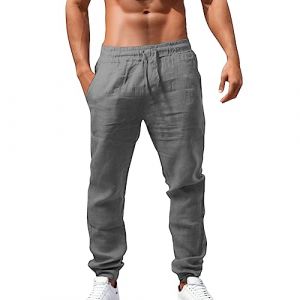 Pantalon Lin Homme Taille Elastique &Eacute;t&eacute; Pantalon Coton Lin pour Homme Plage Sport Casual Yoga Toile Pants de Travail L&eacute;ger D&eacute;contract&eacute; Coupe Droite avec Cordon de Serrage Poches (Ji1QingzhEN, neuf)