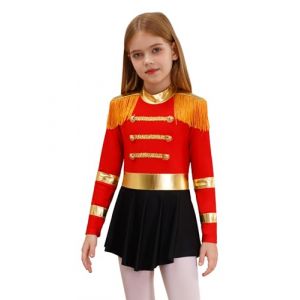 YEAHDOR Déguisement Dompteuse Fille Monsieur Loyal Cosplay Carnaval Halloween Costume Cirque Ringmaster Justaucorps Gymnastique Danse à Franges Manches Longues 5-16 ans Rouge 11-12 ans (YEAHDOR EU, neuf)