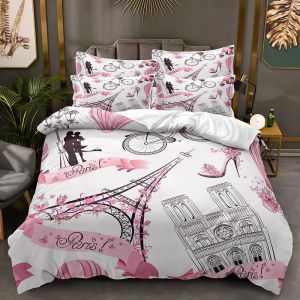 ZZTBQ Paris Rose Chic Housse de Couette pour Chambre Enfant 1 Personne 140x200/65x65 (2 Piece) Lit d'enfant thème Romantique Tour Eiffel Parure de lit Enfant pour Garçons et Filles (ZZTBQ, neuf)