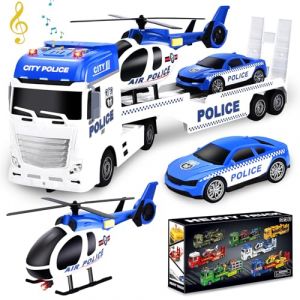 Herefun 3 in 1 Camion Police Dépanneuse Jouet, Transporteur de Police avec Voiture de Course, Grand Jouet de Camion Véhicules, Cadeaux pour Enfant 3, 4, 5+ Ans (Niedfisch Etrade, neuf)