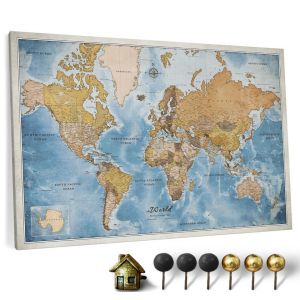 Carte du monde en toile avec tableau d'affichage en liège - Labels en anglais - Décoration murale décorative pour toutes les pièces - Tableaux sur toile (70x50 cm, Motif 15) (canvascale_maps, neuf)