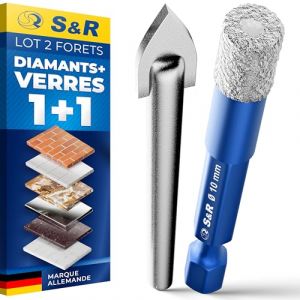 S&R Forets Diamant 10mm - Lot de 2: 1 Foret Diamant + 1 Foret en Carbure Verre pour C&eacute;ramique Gr&eacute;s Marbre Carrelage C&eacute;ramique Verre Granit (Werkzeugbar, neuf)
