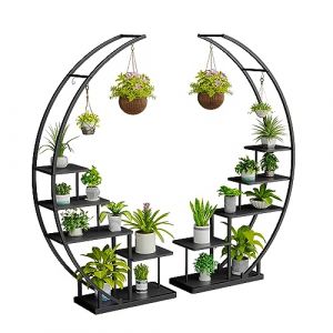 Ribelli Pr&eacute;sentoir &agrave; plantes en m&eacute;tal &agrave; 5 niveaux en forme de demi-lune 172 cm, &eacute;tag&egrave;re &agrave; plantes avec 5 tablettes et crochets, grand pr&eacute;sentoir &agrave; plantes avec protection anti-basculement pour balcon (Ribelli, neuf)