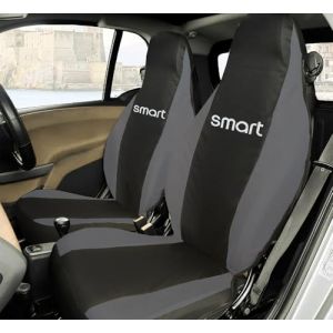 Rebeca Shop® Housses de siège avant compatibles pour Smart Fortwo, première, deuxième et troisième séries, W450 W451 W453, lot de 2 housses (noir/gris foncé, avec logo) (Susy Shop, neuf)