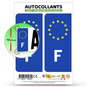 Autocollant Plaque Immatriculation 2 stickers pays F France - Identifiant Europ&eacute;en en version Fond Bleu : 10,25 x 4,6 cm (Plaque Plexi) (blasonimmat, neuf)