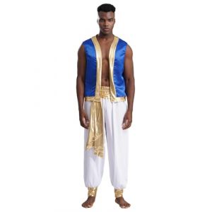 Oyolan Homme Costume Prince Arabe D&eacute;guisement Arabe Roi Pantalon Sarouel et Gilet sans Manches Cosplay Carnaval Halloween F&ecirc;te Tenue C Blanc XL (Oyolan EU, neuf)