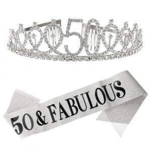 IMUSINICE Couronne d'Anniversaire Argent&eacute;e 50 Ans &Eacute;charpe d'Anniversaire Imprim&eacute;e 2 Pi&egrave;ces Accessoires F&ecirc;te pour Femmes Serrage-T&ecirc;te Coiffe de F&ecirc;te D&eacute;coration Anniversaire &Eacute;l&eacute;gante (ZUNWENN, neuf)