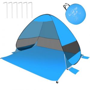 Tente de Plage Parasol, Tente de Plage Pop Up, 3-4 Personnes, Abri de Plag Anti UV avec Une Porte et Trois Fenêtres Grillagées, Parasol Faciles à Utiliser avec Sac de Rangement (Bleu) (BAIBIAO, neuf)