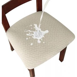 LANSHENG Housse de Chaise 2/4 Pi&egrave;ces Housse de Coussin de Chaise Housse de si&egrave;ge de Chaise imperm&eacute;able D&eacute;montable Housse Assise Chaise Elastique Jacquard Lavables pour Salle &agrave; Mange (Beige, 2) (LANSHENG FR, neuf)