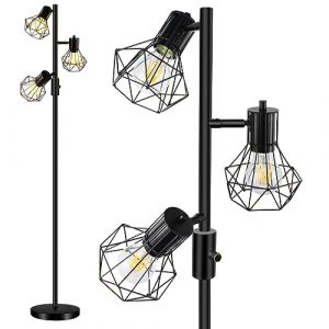 HiBay Lampadaire LED Noir Dimmable Industriel Style Diamant, 3x8W E27 Ampoule 800LM Moderne, Lampadaire sur Pied Salon Métal Vintage Lampe sur Pied pour Salon,Chambre,Bureau (Hiled, neuf)