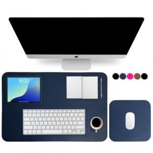 Sous-main de bureau en cuir v&eacute;ritable &ndash; Tapis de bureau XXL 60&times;40 + tapis de souris 23&times;23 &ndash; Set premium pour clavier, souris et PC &ndash; Fait main en Italie &ndash; Surface &eacute;l&eacute;gante et antid&eacute;rapante (bleu) (LUX BRAND, neuf)