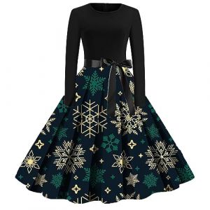 Robe No&euml;l Femme Chic Robe Noel Femme Verte Automne Hiver Robe No&euml;l Rose Robe de Cocktail Soir&eacute;e Bal Ann&eacute;e 50s Pin Up Rockabilly Swing Jupe Manches Longue avec Ceinture D&eacute;guisement No&euml;l (BAULMD（90% Big Promotion Without Discount Code ）, neuf)