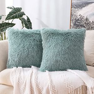 MIULEE Lot de 2 Housse de Coussin en Polyester avec des Poils Fourrure Carré Moderne Confortable Doux Taie d'oreiller Décoration pour Salon Chambre Canapé 40x40CM Bleu d'eau (MIULEE HOME, neuf)