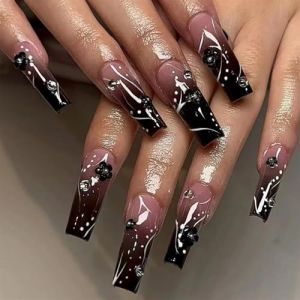 Faux ongles, ongles à presser Faux ongles longs en forme de cercueil avec colle, faux ongles marron portables avec strass, presse de Ballet, couverture complète(14) (zhangtingamz, neuf)
