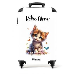 NoBoringSuitcases.com Valise Cabine Enfant Fille Rose Personnalisable Motif Chat Blanc 55x35x25cm (NoBoringSuitcases, neuf)