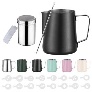 Zuquik Pot &agrave; lait Barista en acier inoxydable de 350 ml avec mesure Mark 350 ml, pot &agrave; mousse de lait avec saupoudreur de cacao, 16 pochoirs et stylo pour cappuccino et expresso, Nior (ACE Fac, neuf)