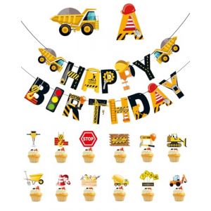 JEXOWIQ Decoration Gateau Anniversaire,Deco Gateau Anniversaire,Decoration Gateau Tracteur Tractopelle Grue,12 pcs D'excavatrice Topper de G&acirc;teau Danniversaire D&eacute;corations,et 1 jeu de drapeaux &agrave; tirer (GUO  ZEXIAO UK STORE, neuf)