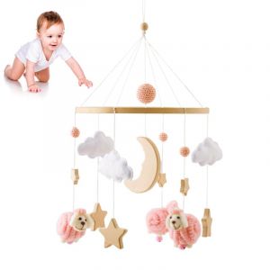 Mobile Lit Bébé, Mouton Cloche de Lit Bébé Mobile Avec Etoiles Lune Nuages, Berceau Bébé Jouet, Boules de Feutre Bébé Lit Pendentif à Suspendre Chambre de Bébé Cloche de Lit pour Fille Garçon (iShang Direct, neuf)