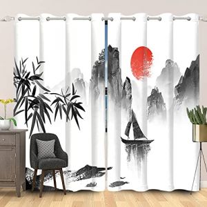 SDOTPMT 53x160cm Japonais Rideau de fenêtre Brumeux Montagne Bateau Soleil Bambou Feuille Oriental Traditionnel Encrer Peinture Rideaux Opaques pour Salon Chambre Rideaux occultants, 2 Panneaux (SDOTPMT, neuf)