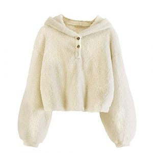 Sweat &agrave; capuche teddy pelucheux &agrave; manches longues court pour filles - Couleur unie - Chaud - Ample - Boutonn&eacute; - Pull &agrave; capuche - Veste polaire sherpa - Haut - V&ecirc;tements d'automne et d'hiver, beige, 4 (Zouanwai, neuf)