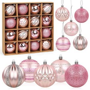Boule de Noël Rose, 16pcs Boule d'arbre de Noël 6cm, Ornement de Sapin de Noël, Peint Boules Noel Plastique Rose avec Lanière pour Decoration Sapin Noel Intérieure ou Extérieure (Truecolo, neuf)