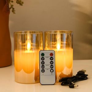 FiiMoo Bougies LED Rechargeable, Lot de 2, Bougies LED avec Télécommande, Bougies Rechargeables USB, Bougie Flamme Vacillante, Bougies Décoratives pour Fête, Anniversaire, Mariage-10cm Verre Marron (FiiMoo EU, neuf)