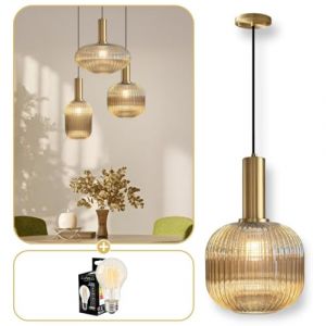 Lumeo creative | Suspension verre fum&eacute; Cristali | Lustre vintage pour salle &agrave; manger, ilot de cuisine, entree | suspension luminaire salon dor&eacute; | Suspension vintage (Ambre Brillant, B - Poign&eacute;e Tube) (jingjinglighting, neuf)