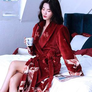 HAIBI Peignoir Femme Rouge R&eacute;tro Flanelle Coral Fleece Dames Chaud Full Sleeve Robe De Bain Kimono Robe De Chambre Kimono,2XL(175Cm) (xiangchengshijinyashangmaoyouxiangongsi, neuf)