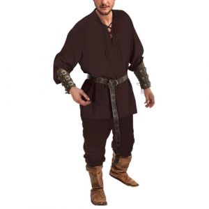 Gefomuofe Costume viking pour homme, chemise, costume de pirate, en lin, v&ecirc;tements m&eacute;di&eacute;vaux, chemise classique &agrave; lacets, chemise de pirate, pantalon et accessoires, ensemble de 4 pi&egrave;ces, Caf&eacute; K, XL (SDFKLJV, neuf)