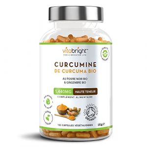 Curcuma Gingembre Poivre Noir 1440 mg, 180 Gélules de Curcuma Bio Poudre (Curcumine Bio) Complément Alimentaire Curcuma Piperine et Gingembre Gelule, Turmeric Curcuma Gelules VitaBright (VitaBright, neuf)