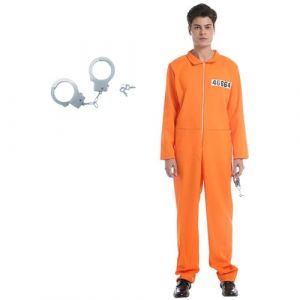 animacoser Orange Homme Deguisement Prisonnier avec Menottes Americain Prisonniere Déguisement Halloween Carnaval Uniforme De Prison Prisoner Costume (S) (animacoser, neuf)