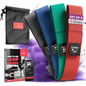 Élastique Musculation Résistance - Ensemble de 4 Bande Fitness Tissu + Livre d'entrainement et Sac | Loop Booty Bands Minibands Elastiband Kit, Sport Gym Yoga Pilates Gymnastique Jambe Cuisse (PL|Concepts, neuf)