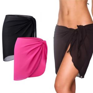WUSJCOF 2 Pi&egrave;ces Par&eacute;o Femme Plage, Mousseline Wrap de Plage, Sarong Cache-Maillot et Jupe de Bain Femme, Couverture de Bikini, Jupes Wrap Beachwear Semi Transparent pour Maillot de Bain (Noir, Rose) (NAROU DUTEN, neuf)