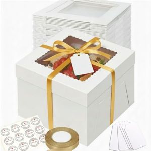 Fukmory Lot de 5 bo&icirc;tes &agrave; g&acirc;teau blanches de 30,5 x 30,5 x 20,3 cm avec fen&ecirc;tre et 5 planches rondes &agrave; g&acirc;teau blanches, autocollants, ruban dor&eacute; et &eacute;tiquettes de suspension pour anniversaire, mariage (ZDF-EU, neuf)
