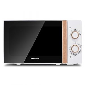 MEDION Micro-ondes (aspect bois, 20 litres, 700 watts, porte miroir, 5 niveaux de puissance, fonction d&eacute;cong&eacute;lation, minuterie, MD10596) blanc (medionshop-deutschland, neuf)