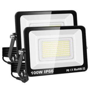 PICAA Projecteur LED 100W, étanche IP66, éclairage de sécurité 10000 lm, applique murale extérieure blanc froid 6500K pour jardin, cour, garage, terrasse, entrepôt, avec prise UE (2 pièce) (BEISHUO-UK, neuf)