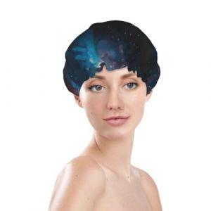 Bonnet de douche pour femme, r&eacute;utilisable, imperm&eacute;able, double couche, bande &eacute;lastique, bonnet de bain pour cheveux longs, bonnet de bain pour cheveux de loup ciel nocturne (JinRui-EU, neuf)