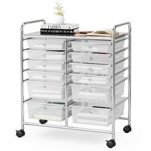 GIANTEX Chariot de Rangement &agrave; roulettes 12 Tiroirs Amovibles, Tour de Rangement Mobile Utilitaire &agrave; Plateau & Poign&eacute;es, Desserte &agrave; roulettes pour Salon Bureau Chambre, 64x38x75CM (Transparent) (GIANTEX, neuf)
