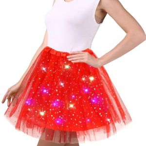 Wishstar Jupe en Tulle Rouge pour Femmes, Robe Danse &agrave; Paillettes &eacute;toil&eacute;es, Mini-Jupe Extensible avec Lumi&egrave;res LED, Jupe Tutu 45cm pour Adultes, Robe de Danse pour Adolescentes Carnaval Ballet (XINYAO-EU, neuf)
