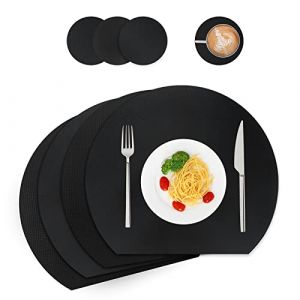Lot de 4 sets de table et dessous de verre en cuir lavables - Décoration de table ronde - Pour cuisine et table à manger (demi-cercle, noir) (wakosan, neuf)