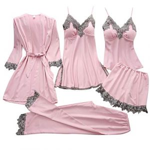 G&eacute;n&eacute;rique 5 Pi&egrave;ces Femme Sexy Chic Ensemble De V&ecirc;tements De Nuit en Satin Nuisette Dentelle Cami Chemise De Pyjama, Feminin Sensuelle Peignoir de Soie Chemisette De Nuit Ensemble De Lingerie (qieycgd, neuf)