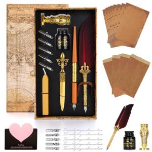 WUSUPU Kit de Calligraphie 24 Pi&egrave;ces &ndash; Plume d&rsquo;Oie Vintage & Stylo en Bois avec 5 Plumes,Encre, Sceau,Support,Enveloppes et Papier &agrave; Lettres,etc &ndash; Cadeau &Eacute;l&eacute;gant pour D&eacute;butants & Professionnels (GARDEN MANIFOLD S.R.L., neuf)