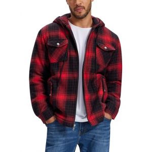 MoFiz Homme Veste Chemise Flanelle à Carreaux Doublée Chaude Blouson d'hiver Coton Chemise de Bûcheron Travail Manches Longues avec Capuche et Cinq Poches Rouge Noir EU 4XL (Yiruiya, neuf)