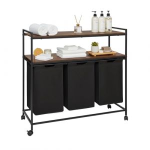 FetiNes Panier &agrave; Linge 3 Compartiments, Corbeille &agrave; Linge Sale avec 4 roulettes, Sacs Amovibles en Tissu Oxford, 2 &Eacute;tag&egrave;res, Cadre en M&eacute;tal, 126L/3x42L, 103 x 38 x 99 cm, Noir-Marron Rustique (SDF official store, neuf)