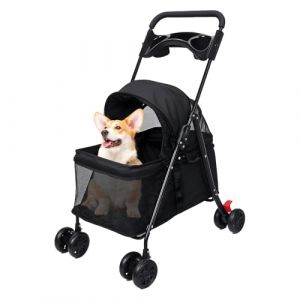 Poussette pour chats et chiens de petite et moyenne taille - Poussette pliable &agrave; 4 roues - Poussette pliable pour chien et chat - Avec porte-gobelet et fen&ecirc;tre en maille visible (noir) (Jiuois, neuf)