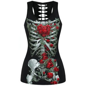Ocean Plus Femme Crâne Sport Débardeurs Gothique Cache-cœur Gilet d'entraînement sans Manches Chemise Criss Cross Noir T-Shirt Halloween (M (Brustumfang: 86 cm), Squelette de Roses) (Ocean Plus, neuf)