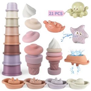 Lot de 21 gobelets empilables pour Fille de 1 an - Jouet de Bain pour bébé - Table à Eau - Piscine - Plage - Jouet pour Enfants de 6 à 12 Mois - Jouet de Sable - Cadeau d'anniversaire pour garçons et (Novartis Store, neuf)