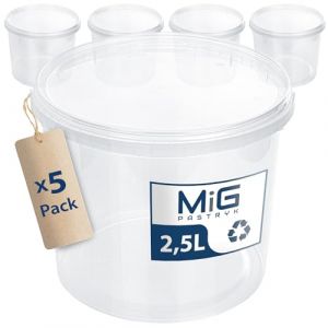 MIG Seau transparent avec couvercle - 2,5 l - 5 x 2,5 l - Seau en plastique hermétique et adapté à un usage alimentaire - Petit seau empilable pour la maison et l'industrie - Seau idéal avec couvercle (MiG Shop, neuf)
