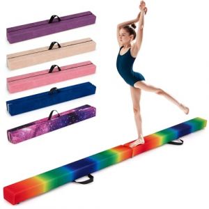 GYMAX Poutre Gymnastique Pliable 240 cm, Revêtement Antidérapant, Structure en Pin, Poignée de Transport, Sol en Mousse Extra-Ferme, pour Entraînement à l'Équilibre pour Les Tout-Petits (Multicolore) (GYMAX EU, neuf)